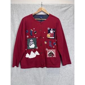Karen Scott Embroidered Holiday Christmas Cardigan 1X Patchwork Artsy Fun Red